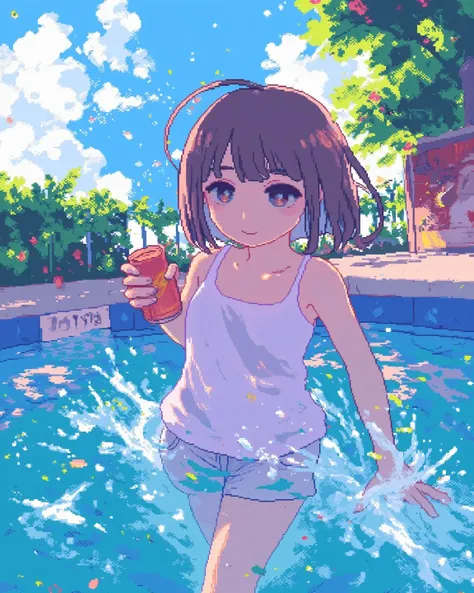 pixel art, 773Sstyle, summer pool setting, Diving into the pool, short hair, wearing a tank top and shorts, cute, water splash, smile, looks fun, lens ghost effect, lens flare, dazzling sun, sunlight, holding canned juice, dynamic pose, angle from below. (...