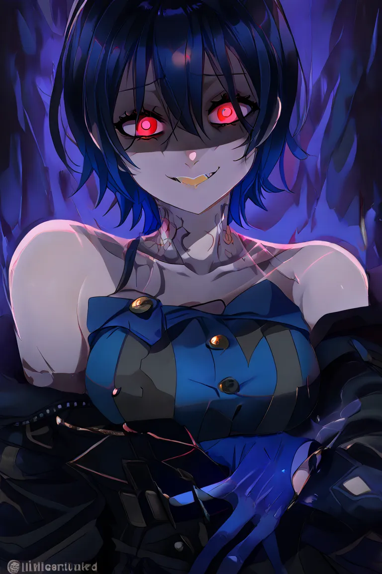 A red-eyed girl ,  short hair, dark blue hair, multicolored hair, blue blouse with buttons, black coat, Bare shoulders,  medium breasts,  evil smile, Yandere's look, Yandere,  neck tattoo, blue glove, Slap Black Eye