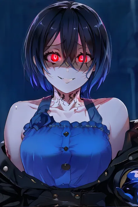 A red-eyed girl ,  short hair, dark blue hair, multicolored hair, blue blouse with buttons, black coat, Bare shoulders,  medium breasts,  evil smile, Yandere's look, Yandere,  neck tattoo, blue glove, Slap Black Eye