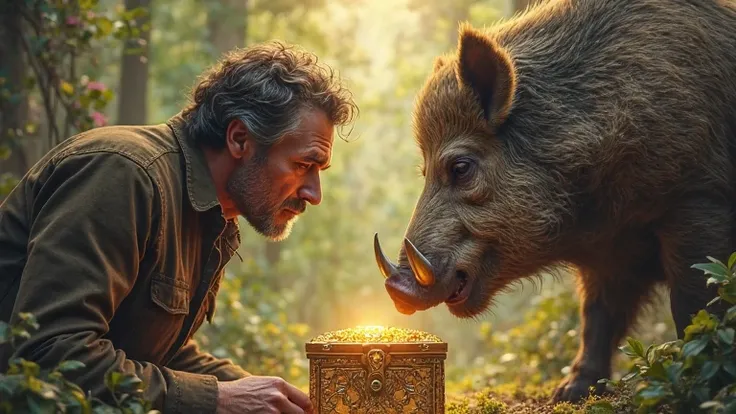 a 30-year-old man and a wild boar look at the treasure