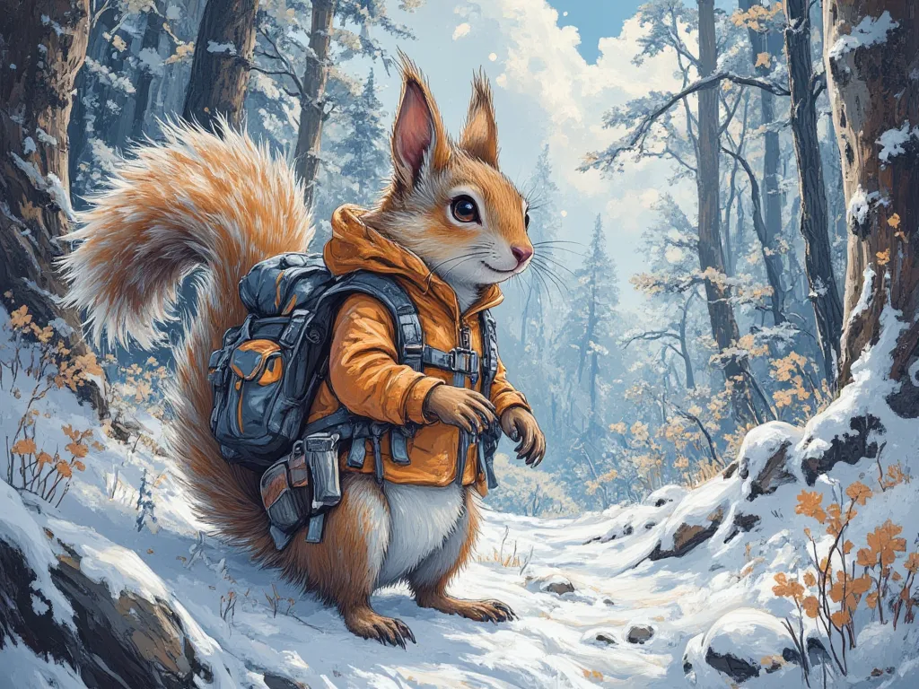 squirrel in hiking gear, hiking backpack, snowy forest,  In fantasy art style, masterpiece,  best quality , Super Detail, an epic, 4K, cinematic light, ultra-detailed,  8k resolution ,(high quality, 8k, 4K, high contrast, masterpiece: 1.2, 最high quality, b...