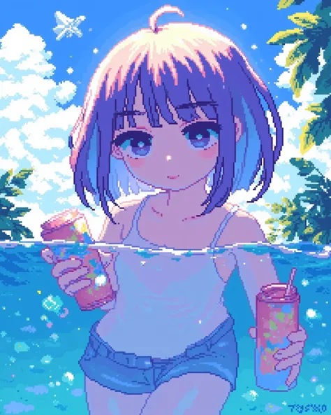 pixel art, 773Sstyle, summer pool setting, Diving into the pool, short hair, wearing a tank top and shorts, cute, water splash, smile, looks fun, lens ghost effect, lens flare, dazzling sun, sunlight, holding canned juice, dynamic pose, angle from below. (...