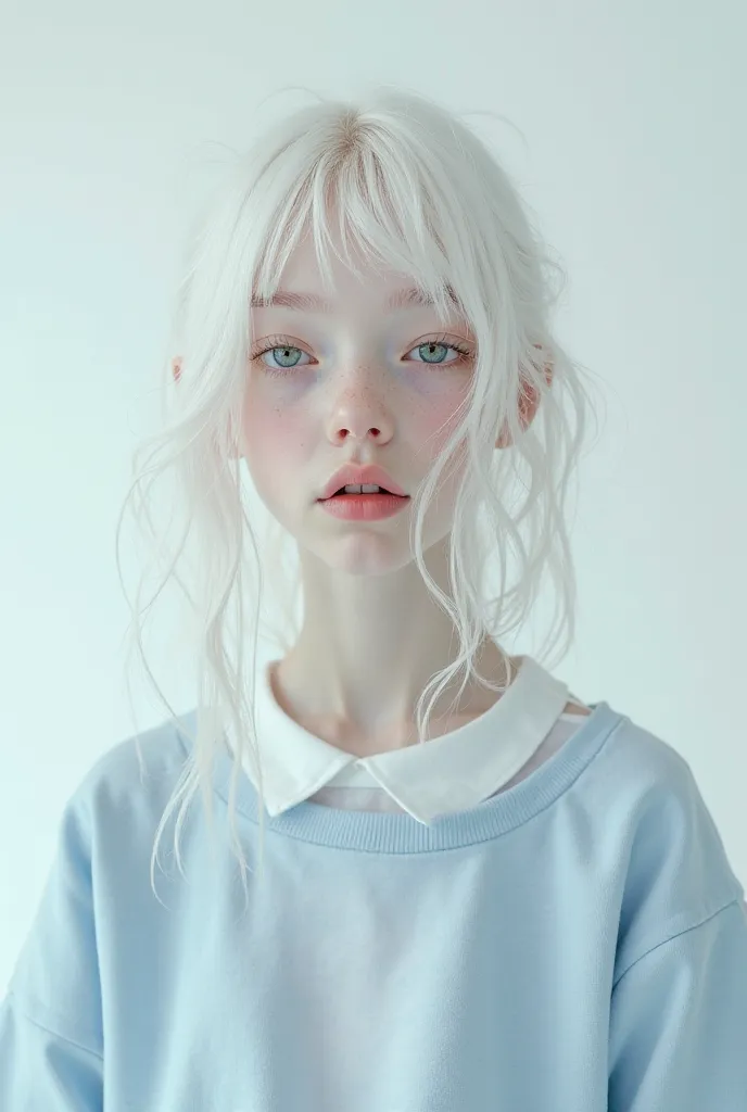 Create an albino girl, wearing a white shirt and a light blue sweatshirt on top