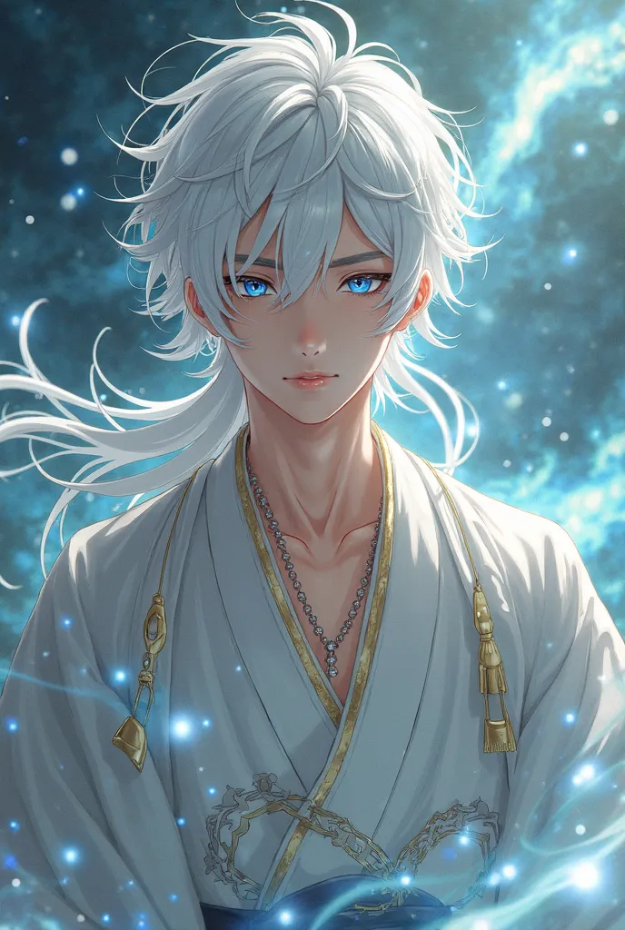 a boy, white hair patterns, long hair ,  straight hair,  blue eyes, beautiful, with bangs, wearing a white kimono with gold details,  muscular body,  Kitsune, Magic energy around,  Japanese anime .