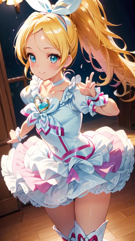 Cure the rhythm  ,  a girl,   fluffy hair  , blondes,   long ponytail  , forehead, white ribbon, white dress with ruffle and blue jewel, White chest strap、White wrist cuffs,   thighs, white boots with pink laces, white choker,  ojos verde brillante , Trans...