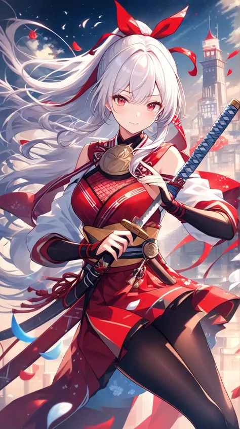 Shrine maiden outfit（Scarlet Eyes、Close one eye、 Silver Hair）(holding a Japanese sword with both hands), (unsheathe draw a japanese sword), (a sheath), (Put your hand on the pattern of a Japanese sword)、 Smile、1 girl, high resolution, very detailed,  perfe...