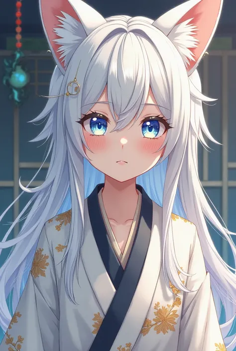 a boy, white hair patterns, long hair ,  straight hair,  blue eyes, beautiful, with bangs, wearing a white kimono with gold details, with fox ears,  Japanese anime .