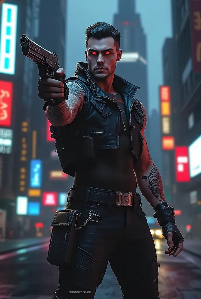 A character from a game holding a gun, vampiro, vampire , strong, Muscular, beautiful, very pretty, belo,  short hair, glowing red eyes,  white skin, black hair, shirtless, shirtless,  tattoo on the arm , in a fantastic futuristic city,  science fiction , ...