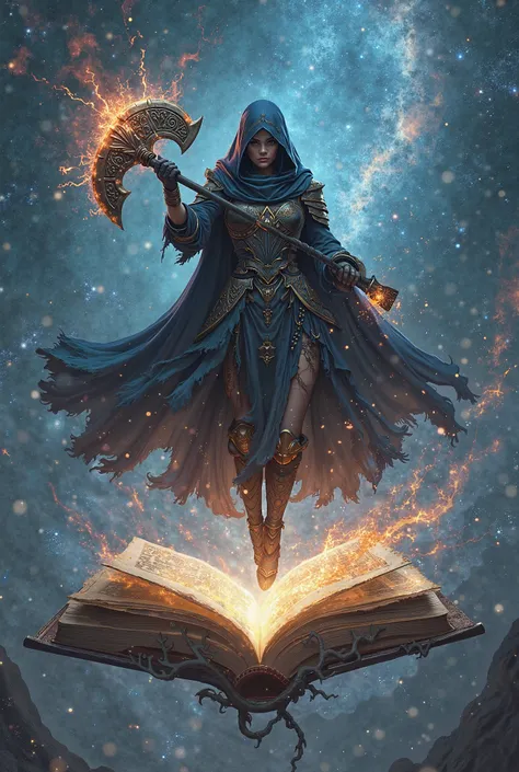 Galactic Axe female hood knight on open flying book