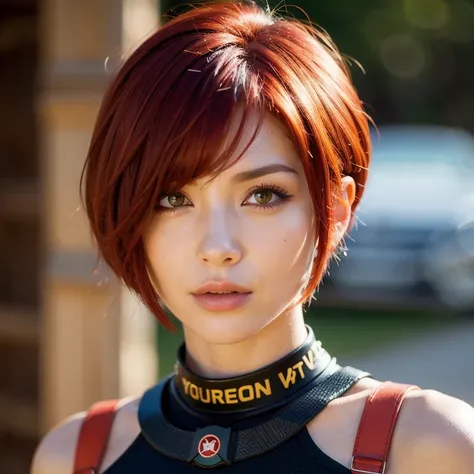 Red hair, female, warrior, beautiful, headshot, sshort hair