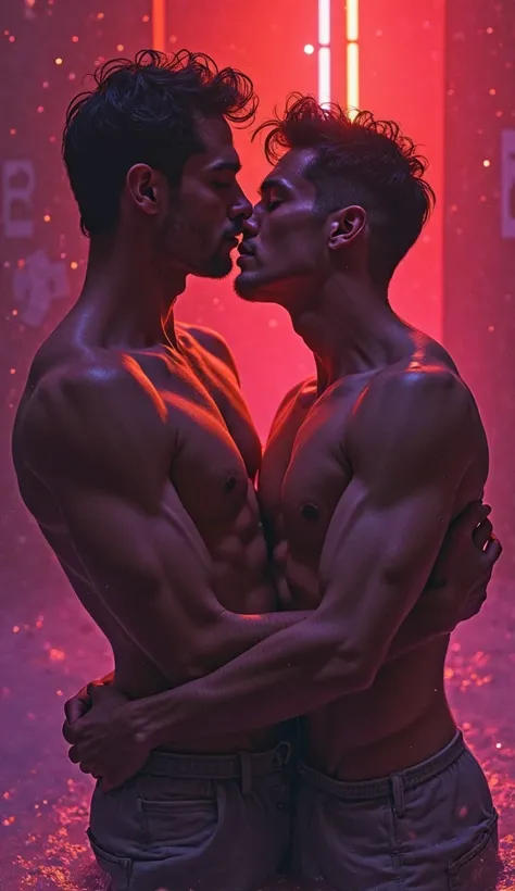 Create a Vivamax-style movie poster that captures wild and passionate intimacy. The scene should feature naked gay and couple entwined in a passionate embrace, surrounded by vibrant colors and dynamic lighting that convey intense emotions. The title should...