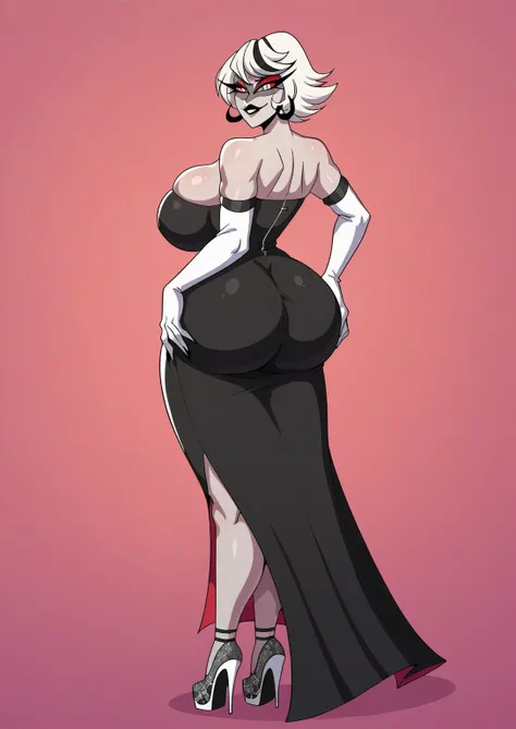 masterpiece,Carmilla_Carmine,score_9, score_8_アップ, score_7_アップ,gray skin, [Upper body focus] ,,twin hair,hands on butt,Black dress,white elbow gloves, bare shoulders, lace shoes,(huge juicy breasts:1.2),breasts, has long eyelashes,dress, ,Black Lip,pigment...