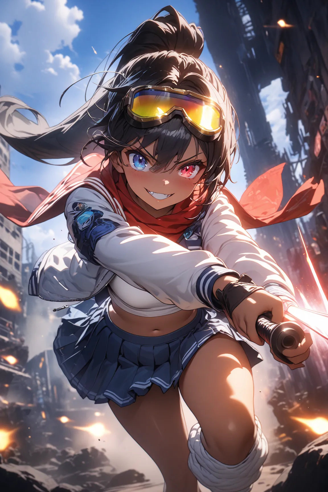 score_9, score_8_up, score_7_up, score_6_up, score_5_up, score_4_up,anime artwork masterpiece,best quality, unreal engine, ultra res, extremely detailed, One Girl,black hair,high ponytail hair,heterochromia,,tan skin,soldier goggles on head,blue sailor sui...