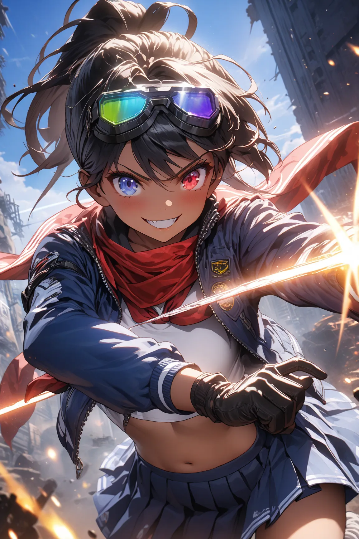 score_9, score_8_up, score_7_up, score_6_up, score_5_up, score_4_up,anime artwork masterpiece,best quality, unreal engine, ultra res, extremely detailed, One Girl,black hair,high ponytail hair,heterochromia,,tan skin,soldier goggles on head,blue sailor sui...