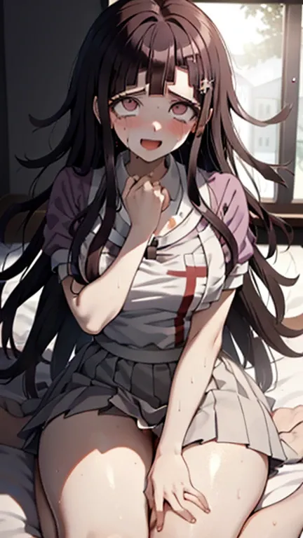 ((mikan tsumiki:1.1)), long hair, purple hair,(purple eyes:1.1),bangs, blunt bangs,Pants,(( danganronpa style:1.4)), shy break, bandageを巻かれた足,bandage,break looking at viewer,break (sit on the bed:1.1), dim room in the background,
break ( masterpiece:1.2),h...