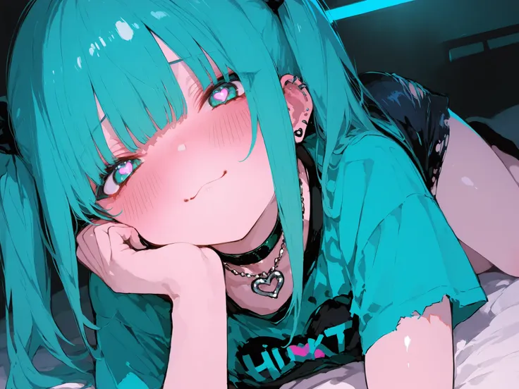 illustration, best quality, dramatic lighting, 748cmstyle,0__11Xx_illu,Cute,aiu,teal twin-tails, mischievous expression, choker necklace, heart-shaped pupils, full body,piercings, grunge style, black nails, blushing cheeks, ripped t-shirt with heart print,...