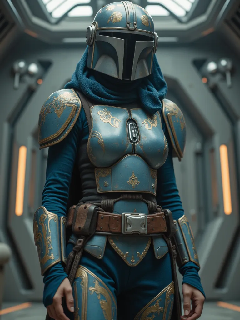 , Live action Disney Princess Jasmine as a female Mandolorian bounty hunter stylized in her colors sky blue and gold trim, full helmet customized patterns, Star Wars, on a commander ship 