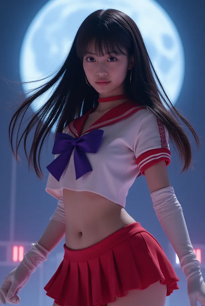 cinematic lighting, Ultra High Definition,  masterpiece,  accurate, Super Detail,  Advanced Details, high quality, Award-winning, Highest品質, Highest, 16k, detailed faces,  realistic textured skin, Sailor Mars , Sailor uniform , The background is a full moo...