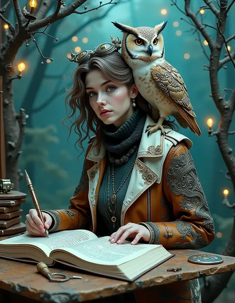 📃🦉🌒 Modern woman writer and an owl on her shoulder. They are writing a fantasy novel. Dreams on paper. New magical countries are behind us. Volumetric collage made from different materials and techniques: paper, plasticine, fabric, feathers, mosaic; grace;...