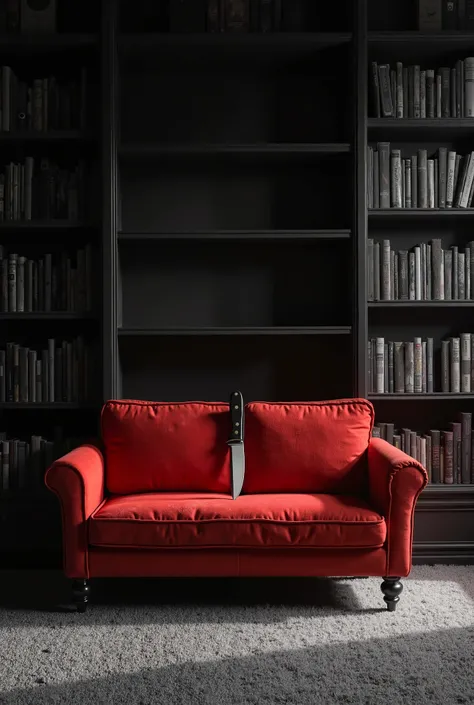 On the background a Bookshelf in black and white half in Dark, in front a rad color Sofa small size.  
A knife on the sofa.  Ash colour Carpets on the floor. 