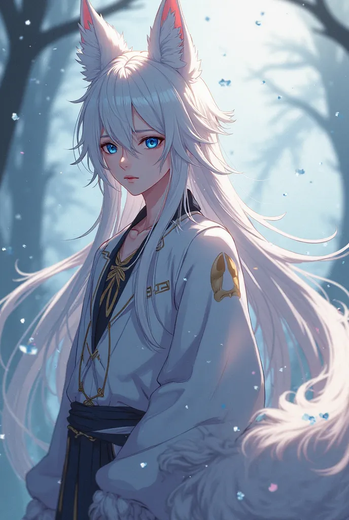 Anime boy character,  with white hair, long hair, fringe,and blue eyes, Fox ears and tails.