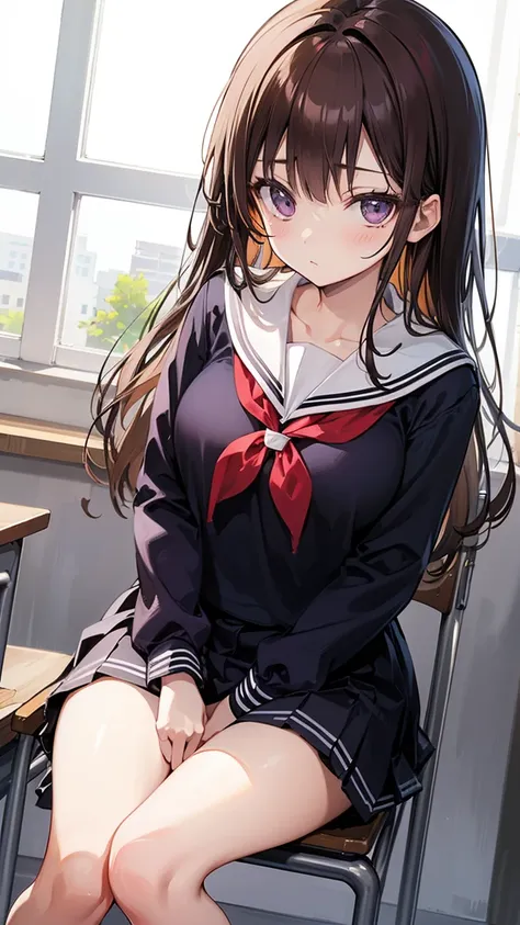 Emi Tokoro,Violet eyes,long light brown hair, sailor suit,Sit on a chair,classroom