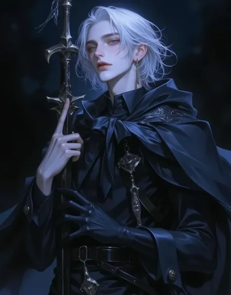 A tall and slender young man clad in garments of deep black and navy, exuding an enigmatic aura of shadowy intrigue. His silver hair flows freely in the wind, while his icy blue eyes gaze upon the world with a chilling indifference, as if he could pierce t...