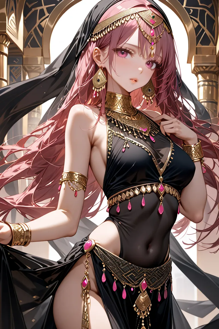 MASTERPIECE, BEST QUALITY, ULTRA DETAILED, HIGH DEFINITION, ILLUSTRATION, INTRICATE DETAILS, HYPER DETAILED, 1girl, slender, medium breasts, pink eyes, long hair, dark pink hair, long twitails, which is partially tied with gold metal behind the head, stand...