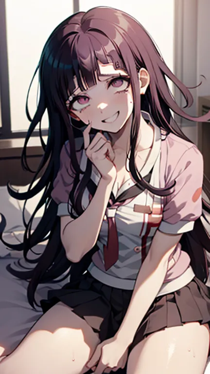 ((mikan tsumiki:1.1)), long hair, purple hair,(purple eyes:1.1),bangs, blunt bangs,Pants,(( danganronpa style:1.4)), shy,break, bandageを巻かれた足,bandage,break looking at viewer,break (sit on the bed:1.1), dim room in the background,
break ( masterpiece:1.2),h...