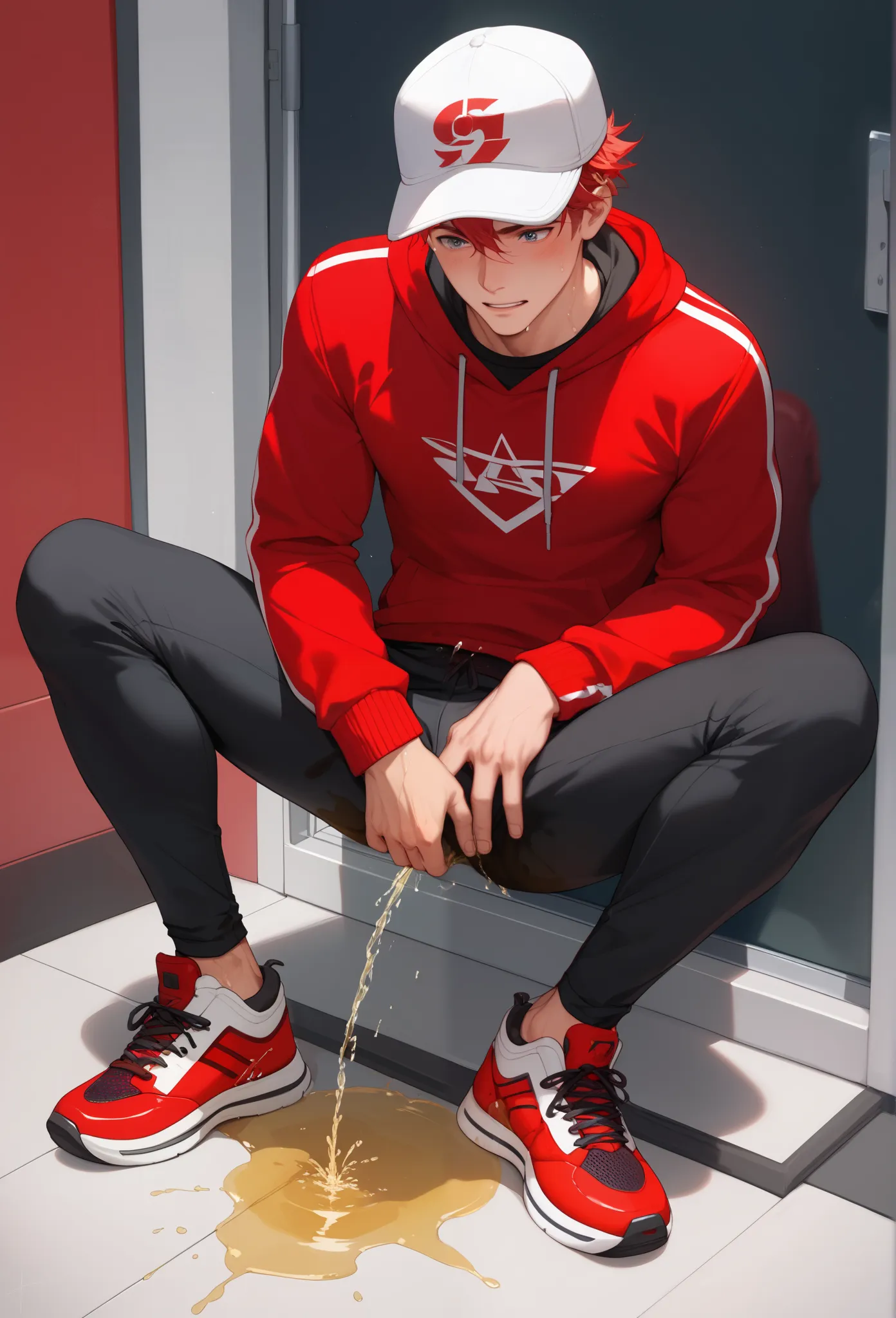 LiaqN.Red haired man.Handsome.Wearing a red hoodie cap Black Skinny Pants Hi Top Sneakers.He couldn't hold his pee. There is a large pee wet spot on his crotch. Pee stain on his pants. Pee wet spot on his crotch. He is ashamed of peeing himself