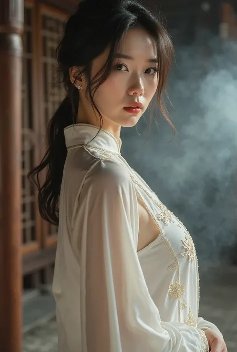 medium long shot, 18 year old young and cute [japan|taiwan|korean] female idol, fair skin, no makeup, sexy nipples, sexy legs, sexy positions, white sexy cheongsam, messy low ponytail, chinese old-style wooden house, at morning, the air was filled with smo...