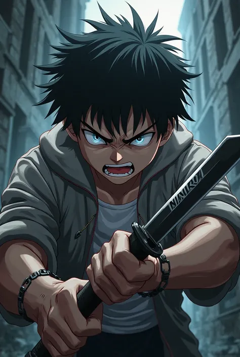 Angry anime ager holding knife with nimrod caption