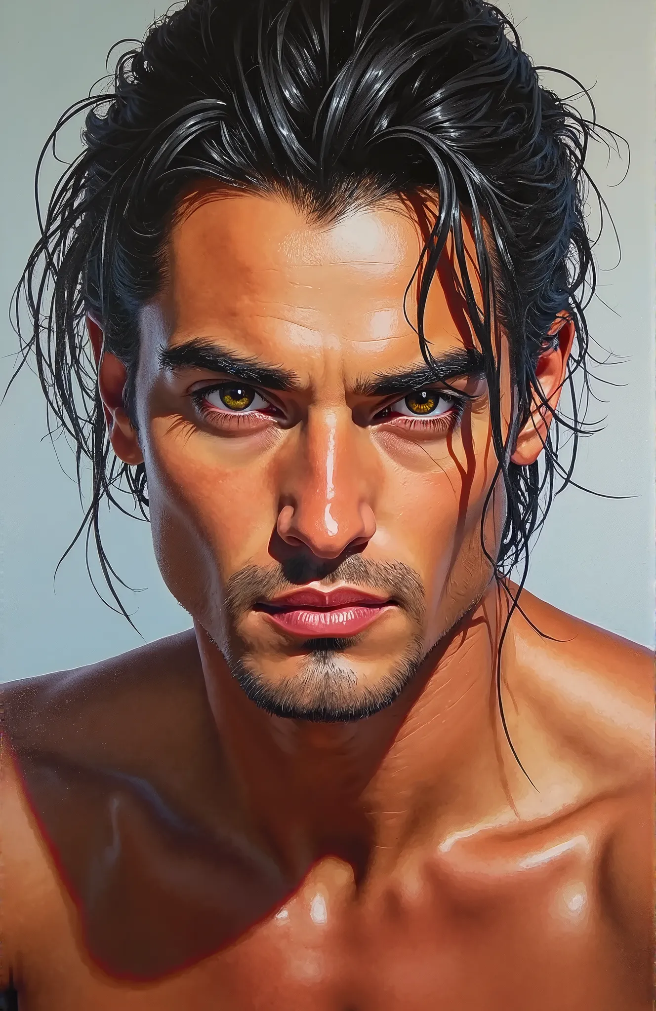 High quality realistic acrylic art,  bright colors , very sexy man, combed into a loose hairstyle dark hair,  detailed face, detailed lips, detailed eyes, looks at us directly, sexy but discreet smile