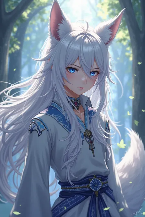 Anime boy character,  with white hair, long hair, fringe,and blue eyes, Fox ears and tails.