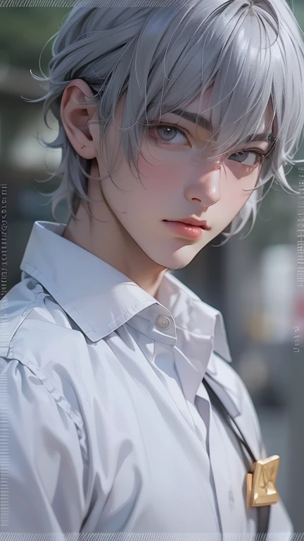 Boy, handsome face, silver hair, gray eyes, looking to viewer, (make face like anime)