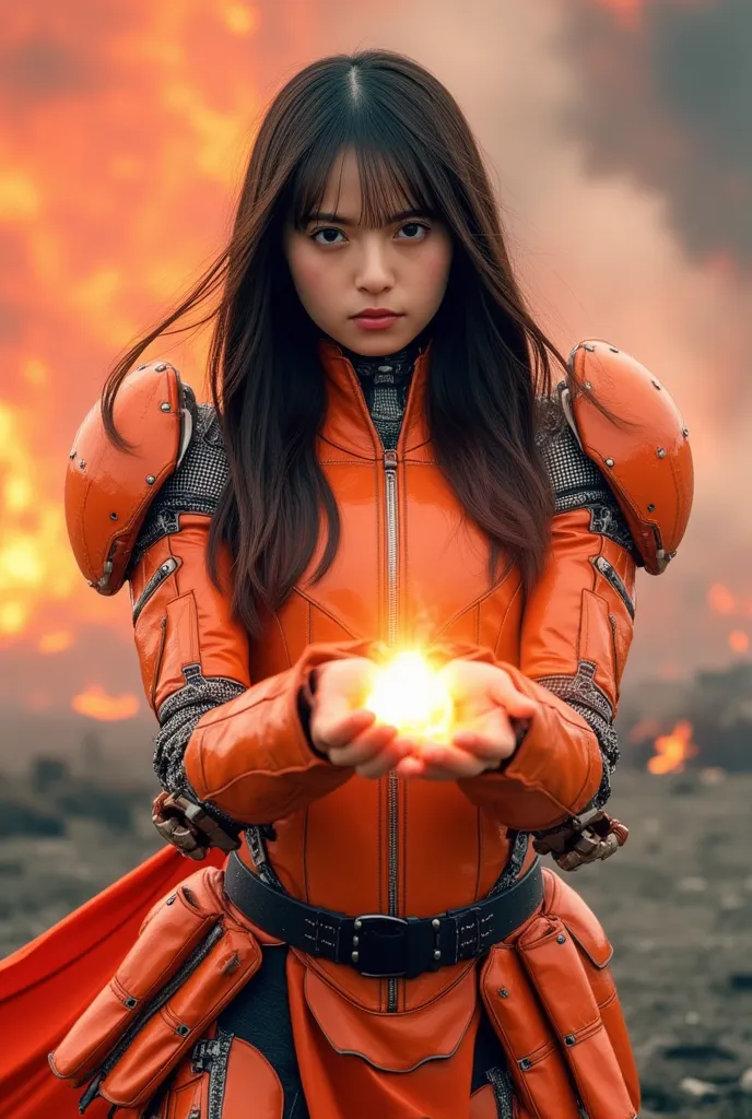 (masterpiece:1.2, Highest quality, Ultra-high resolution, Super detailed), 8k,wallpaper, (Armored Core Style), Woman in ninja robot armor, brown long hair, Random Hairstyles, pale blue eyes, (Fire Ninja), (Orange body), (ultra detailed face:1.3), (Detailed...