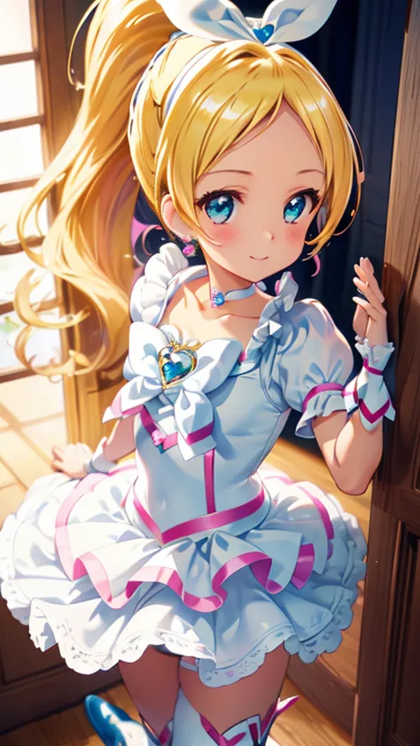 Cure the rhythm  ,  a girl,   fluffy hair  , blondes,   long ponytail  , forehead, white ribbon, White dress with ruffles and blue jewel, White chest strap、White wrist cuffs,   thighs, white boots with pink laces, white choker,  ojos verde brillante , Tran...