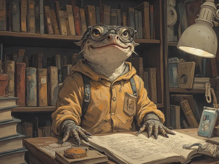 spotted salamander with glasses, newt, in home library, slimy, tan shirt,  In fantasy art style, masterpiece,  best quality , Super Detail, an epic, 4K, cinematic light, ultra-detailed,  8k resolution ,(high quality, 8k, 4K, high contrast, masterpiece: 1.2...