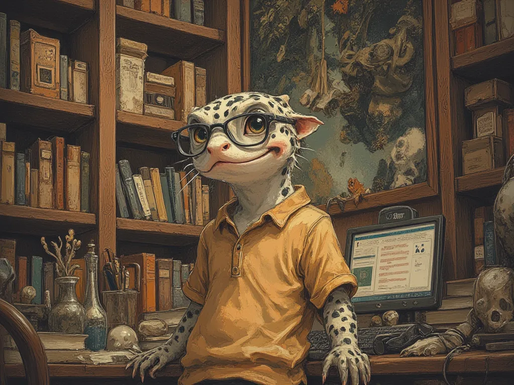 spotted salamander with glasses, newt, in home library, slimy, tan shirt,  In fantasy art style, masterpiece,  best quality , Super Detail, an epic, 4K, cinematic light, ultra-detailed,  8k resolution ,(high quality, 8k, 4K, high contrast, masterpiece: 1.2...