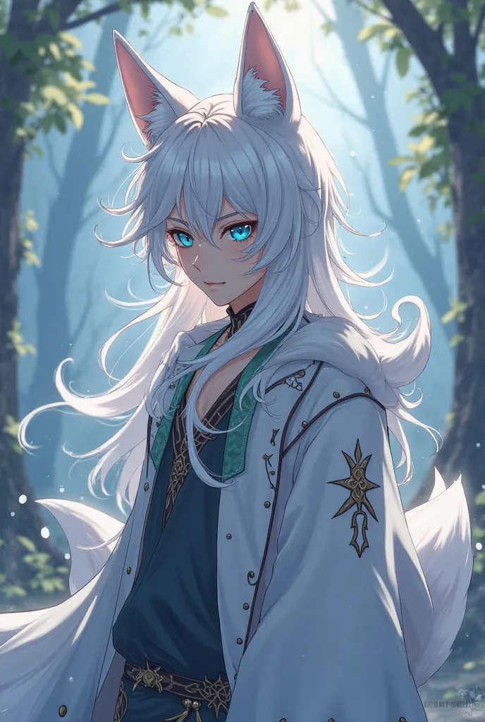 Anime boy character,  with white hair, long hair, fringe,and blue eyes, Fox ears and tails.