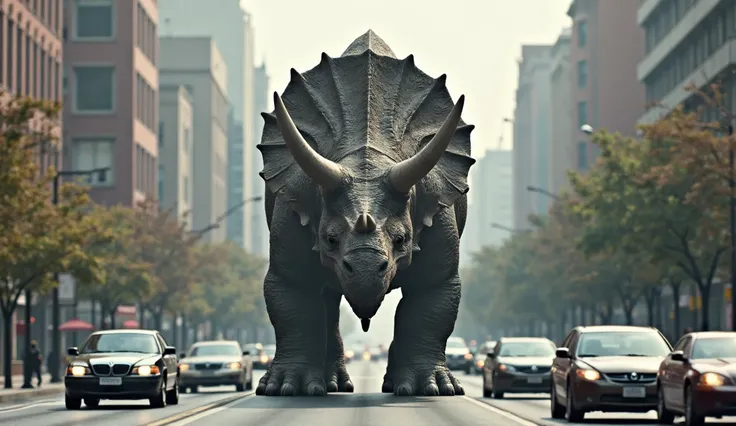 Triceratops on the avenue blocking cars passing, No people on the avenue