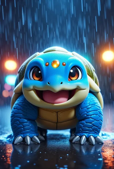 cartoon  with a very big smile, Wartortle pokémon, Pokemon, , by Ken Sugimori, style of cute pokemon, illustration for Pokemon red and blue,  turtle, Bulbasauro, water type, amazing, Pokemon style , New Pokemon, bright!!, gem, gray, At night!!, Heavy rain ...