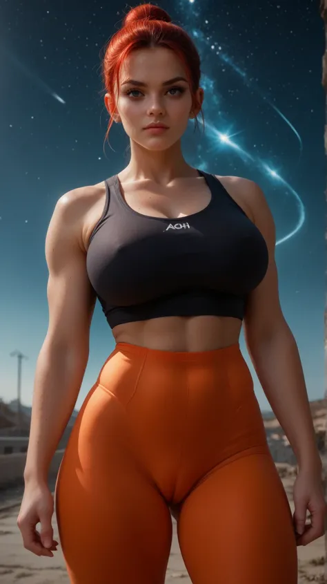  ultra realistic,  high resolution, true to detail,  super detailed , Super Saiyajin,  as a woman with huge plump massive silicone breasts, young sporty muscular very strong ,  red aura surrounds them with red flashes, with orange sports pants with blue be...