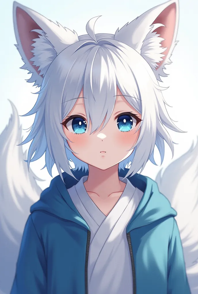 Anime boy character,  with white hair, long hair, fringe, 
 blue eyes, Fox ears and tails.