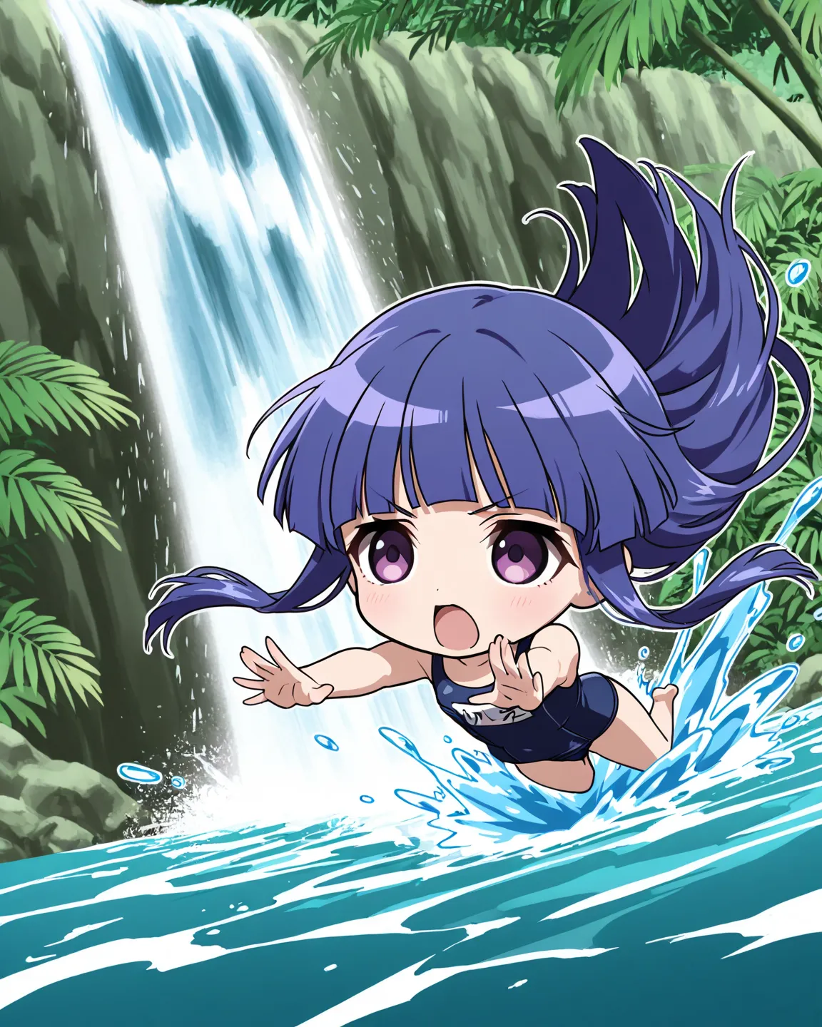  chibi,  1 girl, Alone, rika furude, long hair, bangs, blue hair, purple eyes, blunt bangs, purple hair,(school swimsuit)
 break
(Diving into the Water), Jungle Waterfalls、dive、Thrilling Scenes、Huge Waterfall Splash,dynamic pose