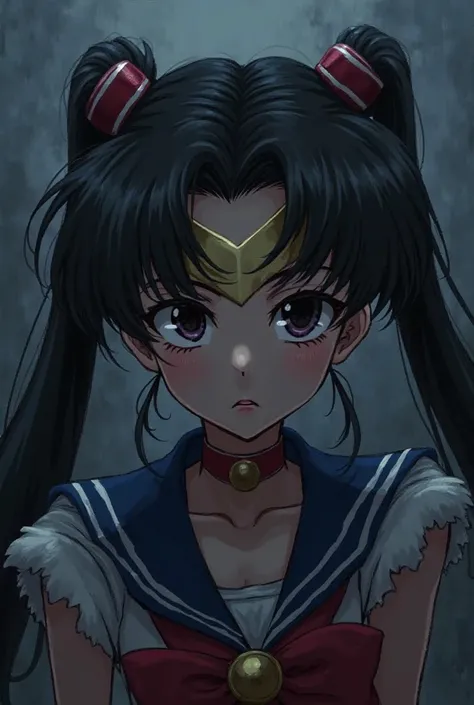 Sailor Moon with her dark hair pigtails in dark anime style