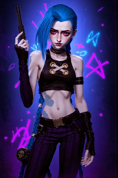 A highly stylized anime-inspired digital painting of a cyberpunk-styled female character with striking blue braided hair. She has an intense, mischievous expression, glowing eyes, and a confident smirk, exuding a rebellious and unpredictable energy. Her pu...