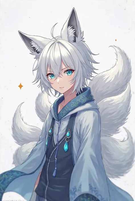 Anime boy character,  with white hair, long hair, fringe, 
 blue eyes, Fox ears and tails.