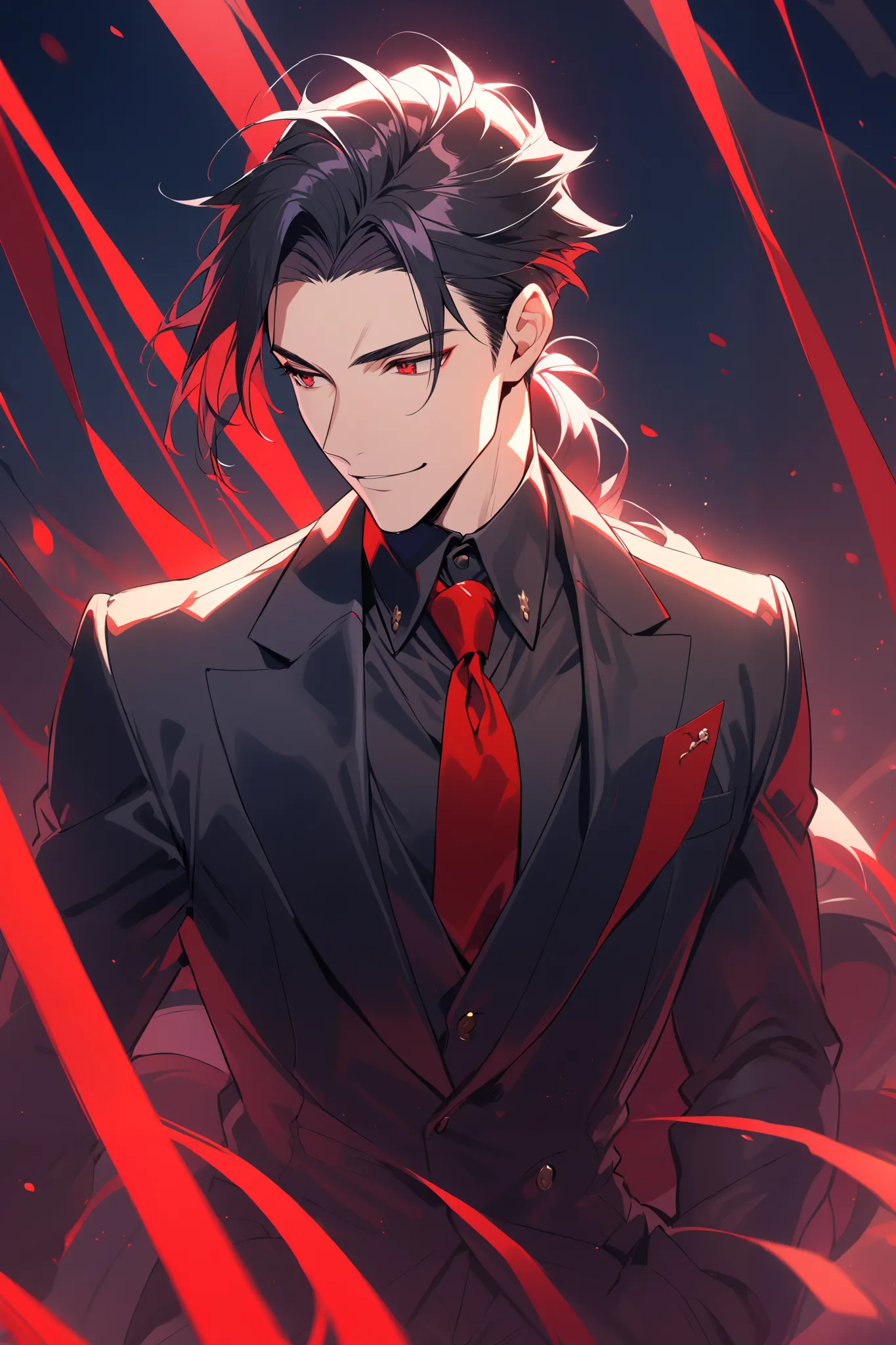 1 handsome man, long styled back black hair, high ponytail, black military uniform suit, black undershirt blouse, red tie, 30 years old, athletic frame, look away, crimson eyes, confident expression, calm smile