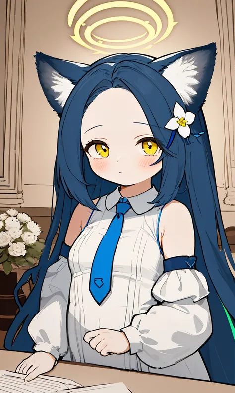 1girl, (blue archive:1.1), 
seia, 
animal ears, solo, blonde hair, halo, long hair, looking at viewer, fox ears, animal ear fluff, dress, necktie, white dress, forehead, closed mouth, hair ornament, yellow halo, upper body, hair flower, yellow eyes, blue n...